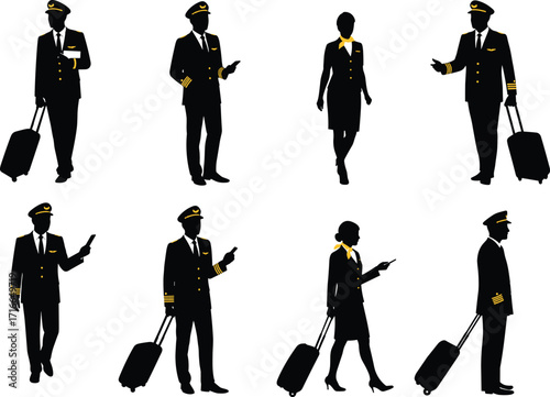 Airline crew silhouettes in uniform with luggage, pilots and flight attendants walking, standing, using devices, professional aviation staff illustration