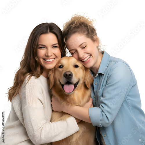 Happy Women Embracing Golden Retriever Dog on white background