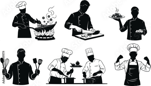 Chef silhouette vector set showing cooking, food preparation, teamwork, and kitchen activity in black professional culinary design style