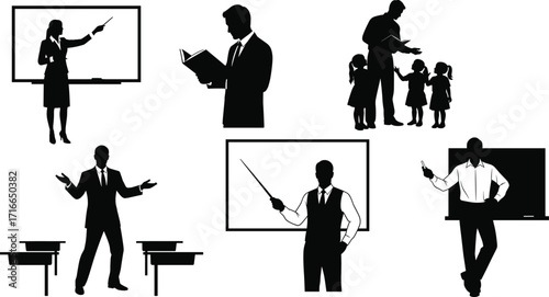 Fishing silhouette set showing net casting, boat teamwork, pier angling, trophy catch, coastal scene, and rod action in vector style