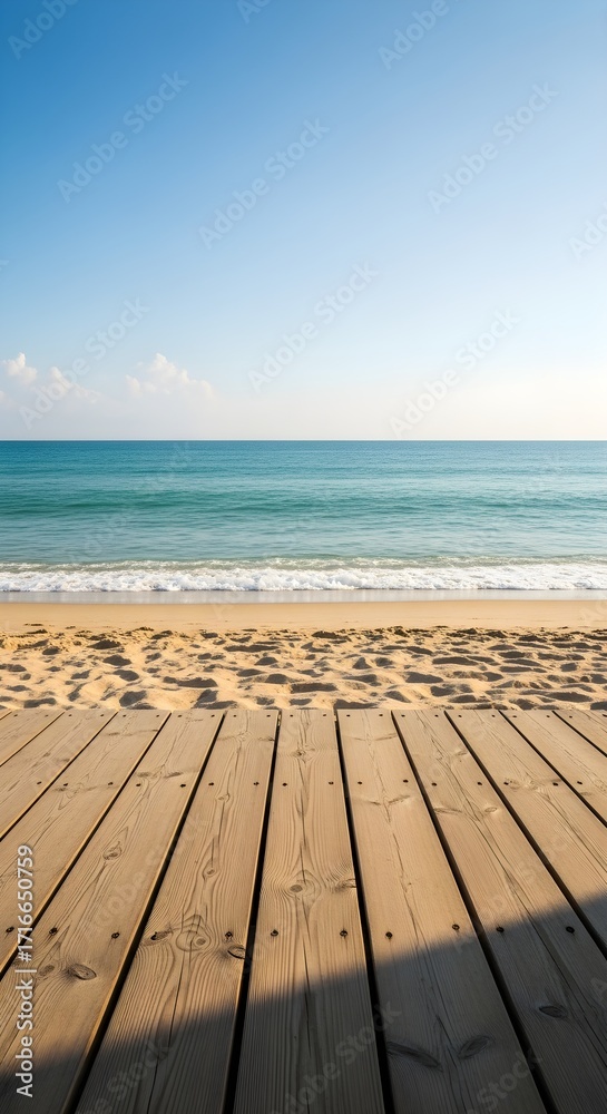 Fototapeta premium Wooden deck overlooking sandy beach gentle ocean waves and a clear blue sky