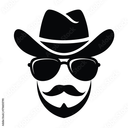 Cowboy Face Icon – Black Silhouette Vector of Man with Hat, Sunglasses, Mustache, and Beard