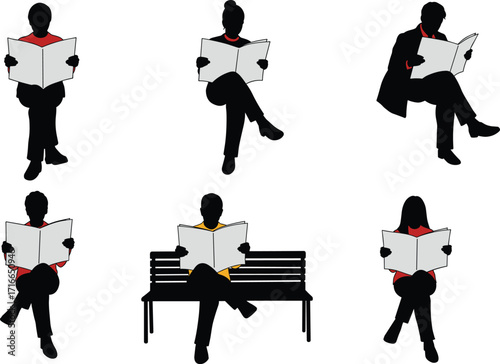 Newspaper reader silhouette set showing seated poses, open paper, quiet time, indoor activity, leisure moment, and reading habit vector scene