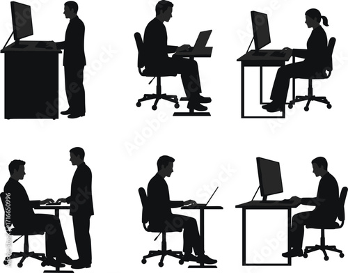 Office People Silhouettes Working on Computers in Various Desk Setups, Collaboration Scenes, Ergonomic Postures, Laptop and Desktop Usage