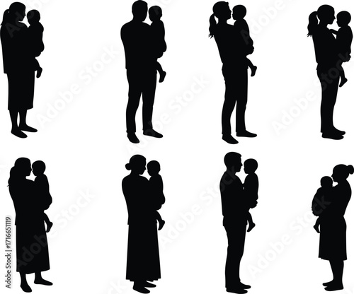 Parent and child silhouette set showing mother, father holding kid, family bond, parental love, emotional care, and unity vector scene
