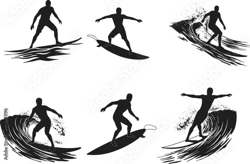 Photographer silhouette set showing DSLR camera, tripod setup, outdoor posture, photography gear, backpack, and shooting stance in vector design