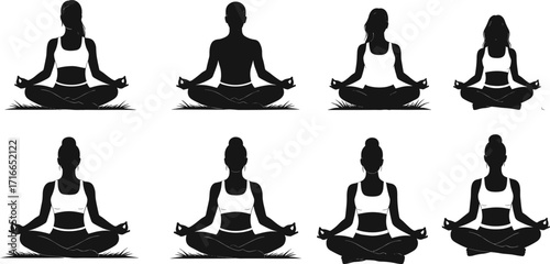 Silhouette meditation poses in lotus position, ideal for yoga, mindfulness, wellness design, spiritual content, and mental health illustrations.