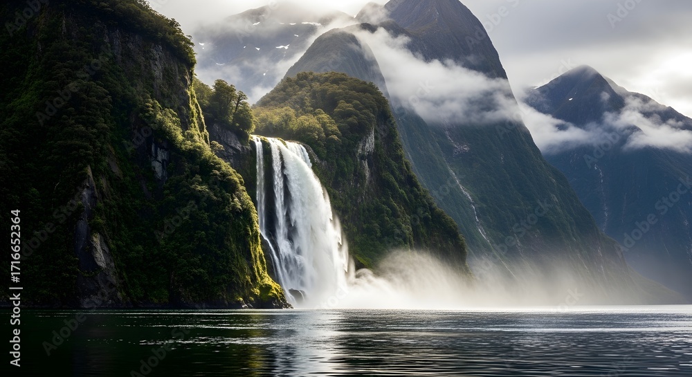 Fototapeta premium Majestic waterfall cascades down lush green cliffs into a misty bay with dramatic mountains in the background
