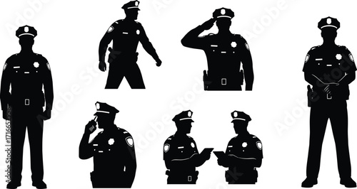 Silhouette vector police officers in uniform performing duties—saluting, walking, communicating, inspecting documents—black illustration set for law enforcement themes.