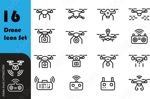 Drone line icon set, quadcopter symbol collection, aerial camera outline design, remote control, drone technology, vector illustration for apps and web