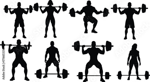 Silhouette weightlifters performing barbell exercises in dynamic poses, ideal for fitness training, gym design, motion cycle, and athletic content.