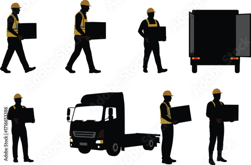 Silhouette Workers Carrying Boxes – Delivery Crew with Truck for Logistics, Moving, and Transportation Design