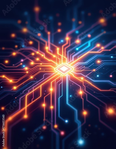 A detailed and vibrant illustration of illuminated circuit pathways radiating outward from a central processor chip.