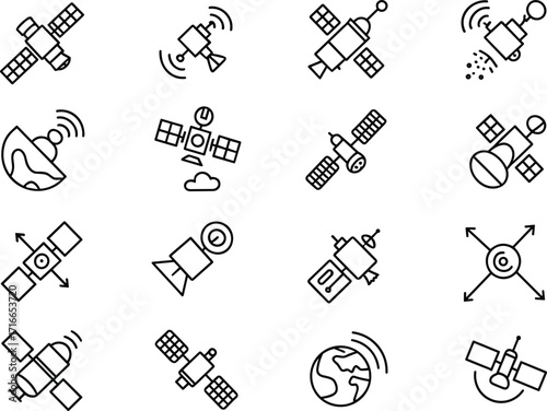 Satellite icons vector set, communication, GPS navigation, space exploration, orbital technology, isolated black line art, science and aerospace icon collection
