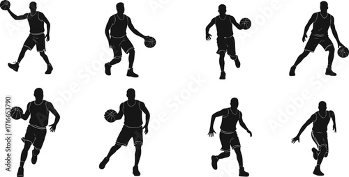 Silhouettes of Basketball Players in Dynamic Action Poses, Dribbling, Passing, Defending, Athletic Movement, Sports Training, Game Play, Team Motion