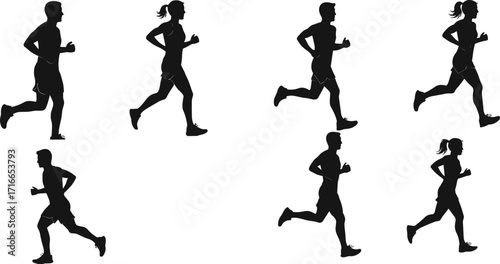 Silhouettes of People Running in Various Motion Poses, Athletic Stride, Fitness Training, Sports Movement, Jogging, Exercise, Biomechanics Vector Scene