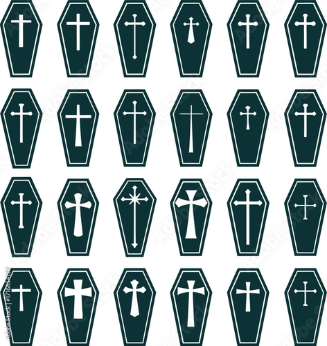 Vector art of seamless pattern featuring dark green coffins with various cross designs, , ideal for halloween or gothicthemed projects