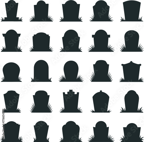 Vector art of seamless pattern featuring various tombstone silhouettes, , perfect for halloween, gothic, or memorialthemed designs