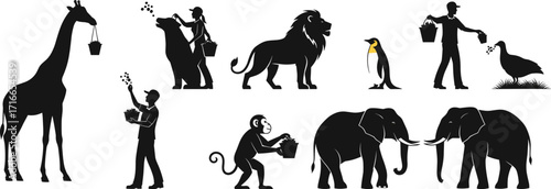 Zookeeper feeding wild animals silhouette set including elephant, lion, giraffe, monkey, penguin, bear, vulture in zoo care scene