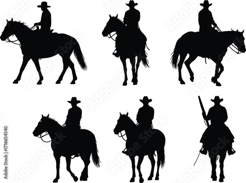 Western Cowboy Horse Rider Silhouettes Collection Featuring Rifle, Hat, Trotting Pose, Ranch Culture, Vintage Style, Isolated on White Background