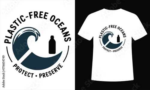 Plastic-Free Oceans T-Shirt Design – Eco-Friendly Wave and Bottle Awareness Vector