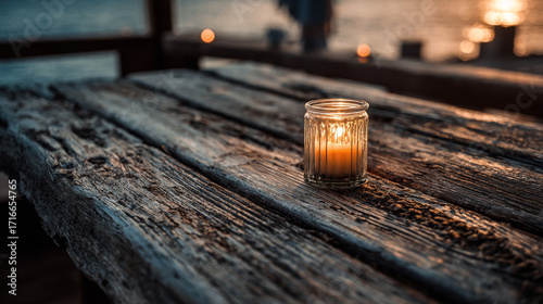 Lit candle in glass on rustic wooden table at sunset near water