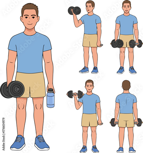 Active man lifting dumbbells, staying hydrated with water bottle, fitness routine for a healthy lifestyle, personal wellness and strength training for health