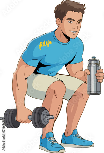 Fit young man lifting dumbbell and holding water bottle, embodying a healthy lifestyle and fitness journey for advertising your wellness products