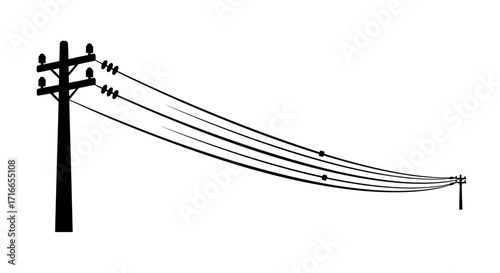 Simple black and white silhouette of power lines stretching between poles for utility infrastructure or renewable energy projects that require power