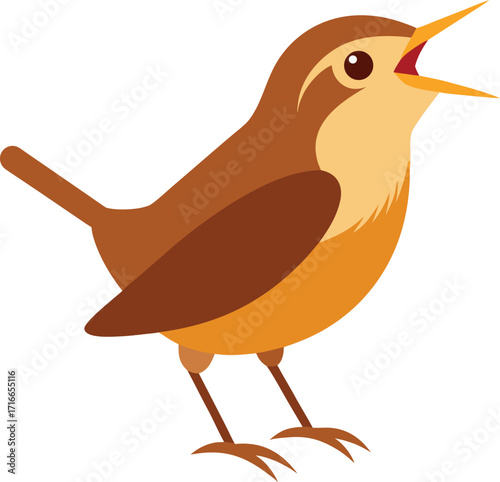 Charming wren bird singing joyfully isolated on white background