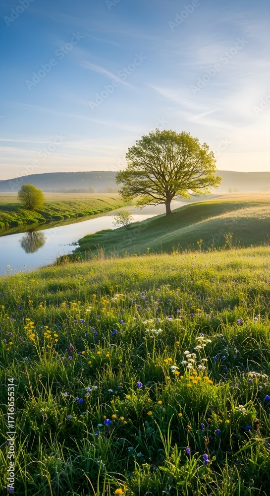 Fototapeta premium Serene green meadow with blooming wildflowers a winding river and a majestic tree under a soft blue sky