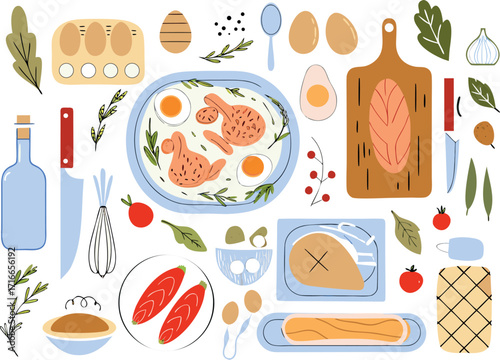 A charming breakfast scene with sunny-side-up eggs shaped like whimsical ducks, surrounded by other cute food elements in clean vector style on a white background.