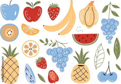 A delightful medley of hand-drawn vibrant fruits, a summer harvest festival—fresh and sweet in clean vector style on a white background.