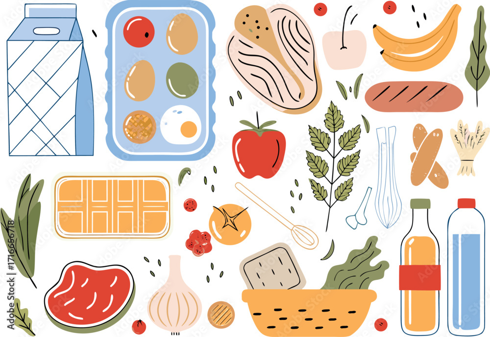 Fototapeta premium Wholesome bounty of fresh groceries—vibrant, healthy ingredients for a nourishing lifestyle in clean vector style.