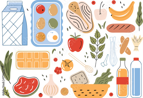 Wholesome bounty of fresh groceries—vibrant, healthy ingredients for a nourishing lifestyle in clean vector style.