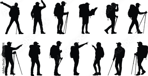 Hiking silhouettes, outdoor adventure, backpackers walking, nature exploration, travel vector, male hikers, trekking people, wilderness journey