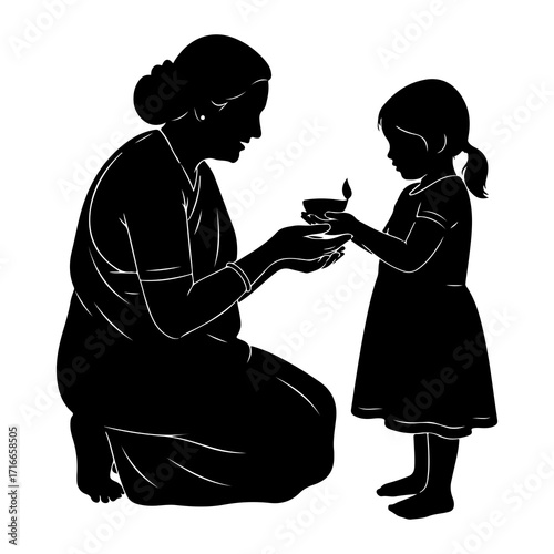 Woman teaching child to hold oil lamp silhouette girl