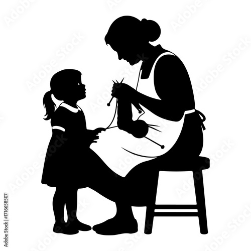 Woman teaching child knitting silhouette yarn