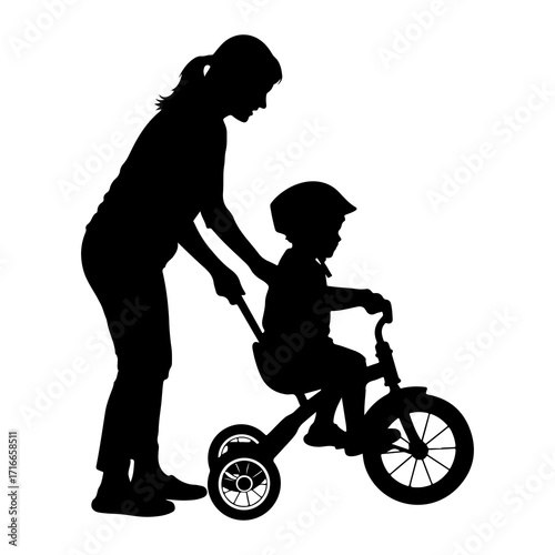 Woman teaching child to ride tricycle learning