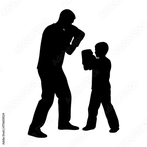 Adult and child boxing training silhouette