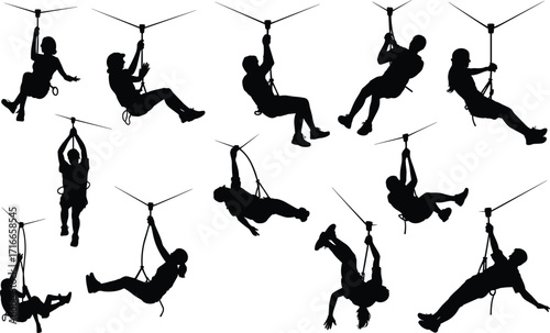 Silhouette of people doing aerial fitness, TRX training, suspension exercises, workout routines, strength training, fitness silhouettes