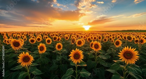 Sunset Over a Vibrant Sunflower Field With Golden Hues.