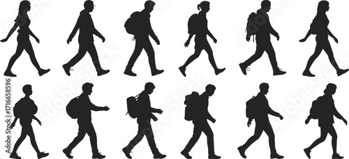 Silhouette of people walking, pedestrians, urban lifestyle, commuters, travelers, walking figures, city life, movement