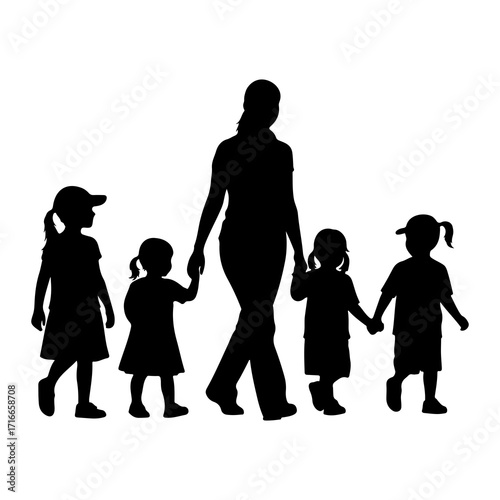 Adult leading children walking together holding hands