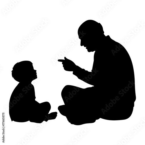 Adult teaching child pointing finger silhouette learning
