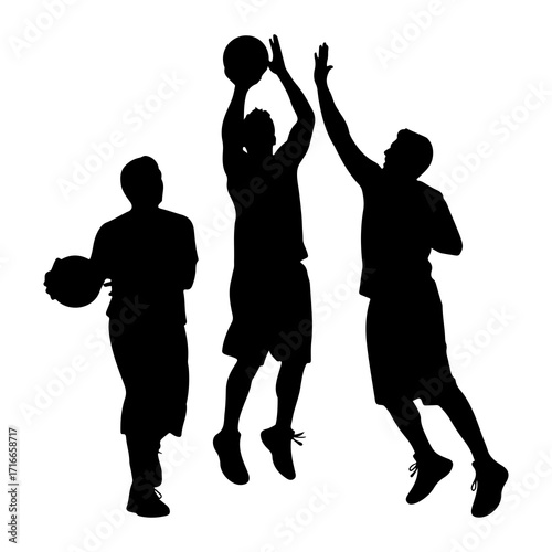 Basketball players jumping for ball action sport
