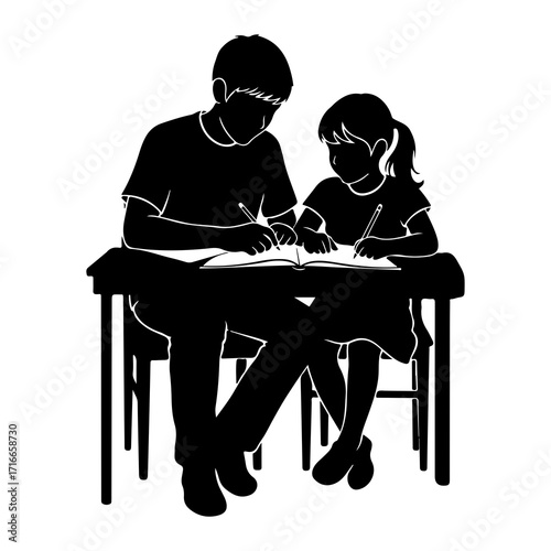 Boy and girl studying at desk learning