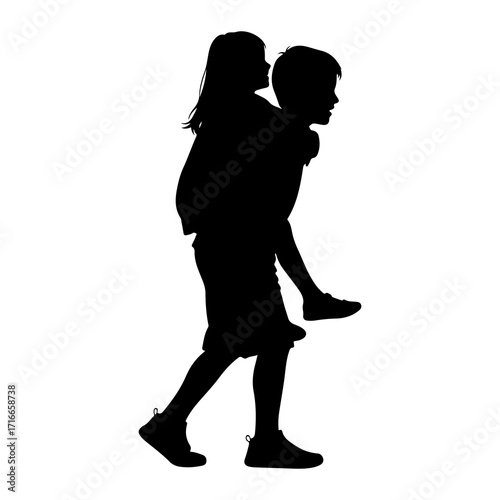 Boy carrying girl piggyback silhouette children