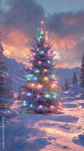 Winter Sunset With a Brightly Lit Christmas Tree in a Snowy Forest.
