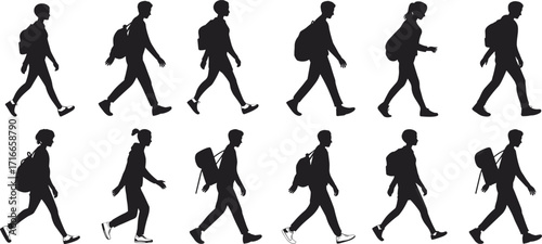 Silhouette of people walking, pedestrians, urban lifestyle, commuters, travelers, walking figures, city life, movement
